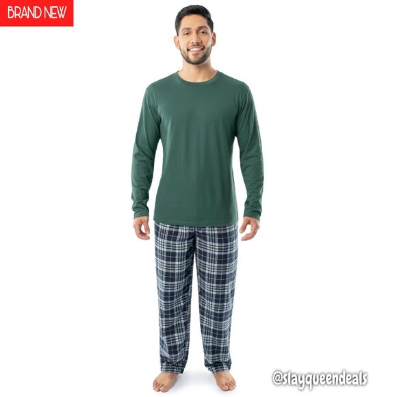 Men's Jersey Flannel Pajama Set Long Sleeve Drawstring Pants